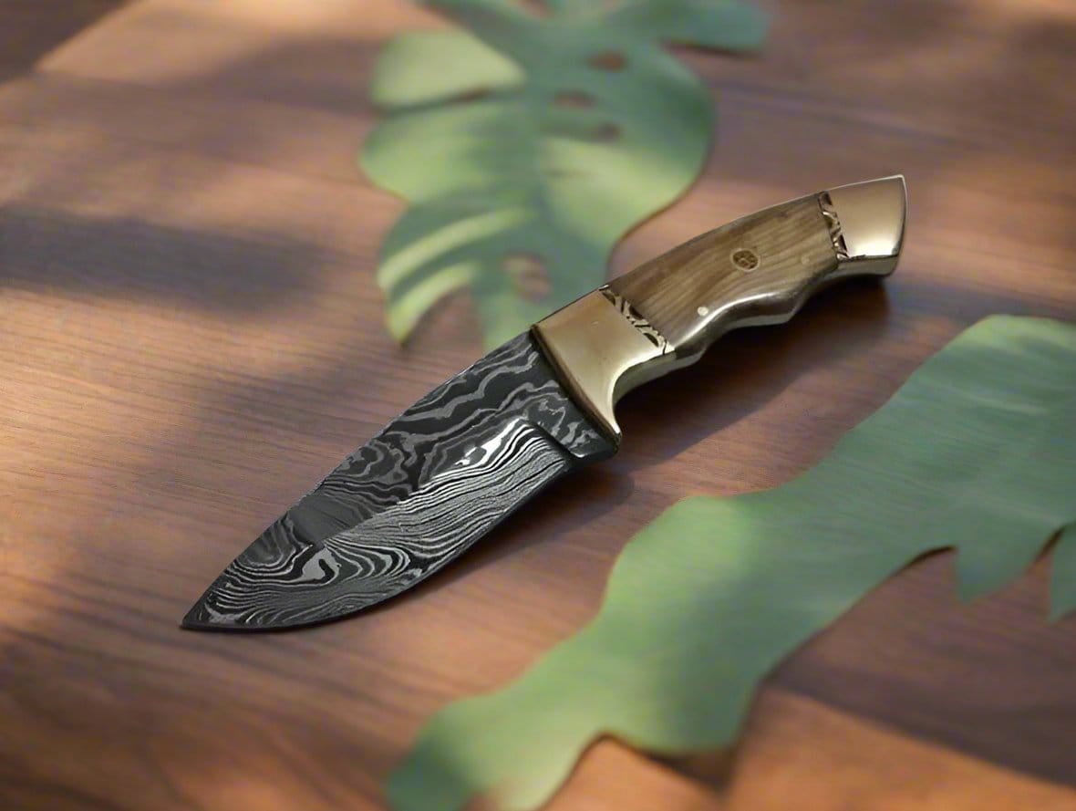 KBS Knives Store Skinner Knives Deer Skinning Knife Custom Handmade Full Tang Damascus Steel with Olivewood Handle, 8.5-inch - The Olivecrest