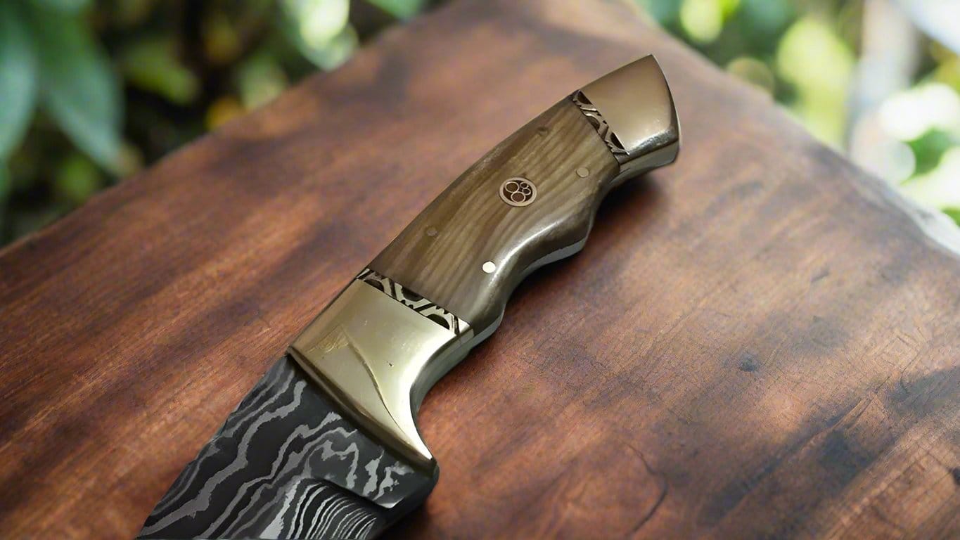 KBS Knives Store Skinner Knives Deer Skinning Knife Custom Handmade Full Tang Damascus Steel with Olivewood Handle, 8.5-inch - The Olivecrest