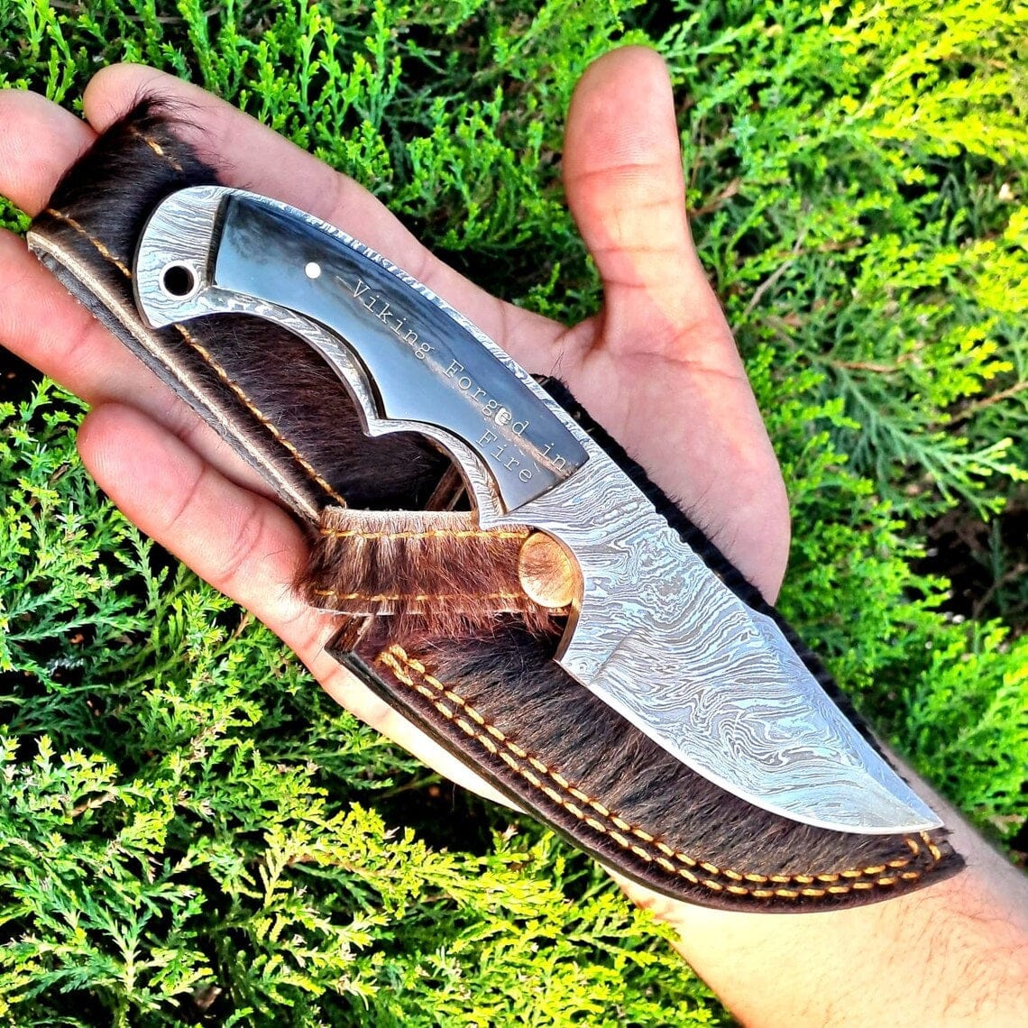 KBS Knives Store Skinner Knives Deer Skinning Knife Custom Handmade Full Tang Fire Damascus Steel with Buffalo Horn Handle, 8-inch - The Blazecrest