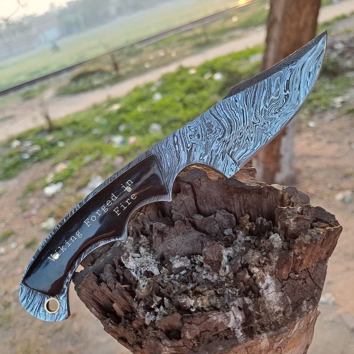 KBS Knives Store Skinner Knives Deer Skinning Knife Custom Handmade Full Tang Fire Damascus Steel with Buffalo Horn Handle, 8-inch - The Blazecrest