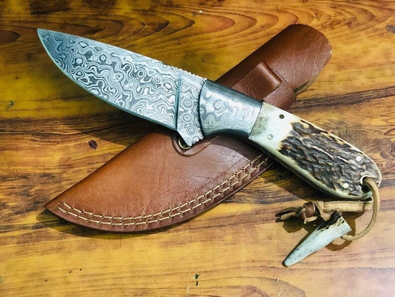 KBS Knives Store Skinner Knives Deer Skinning Knife Custom Handmade Raindrops Damascus Steel with Antler Horn Handle, 8.5-inch - The Wildcrest