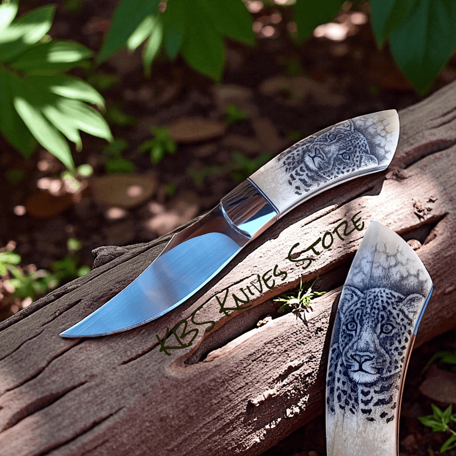 KBS Knives Store Skinner Knives Hand-Engraved Scrimshaw Skinning Knife – 7" Full Tang D2 Steel with Camel Bone Handle & Leather Sheath