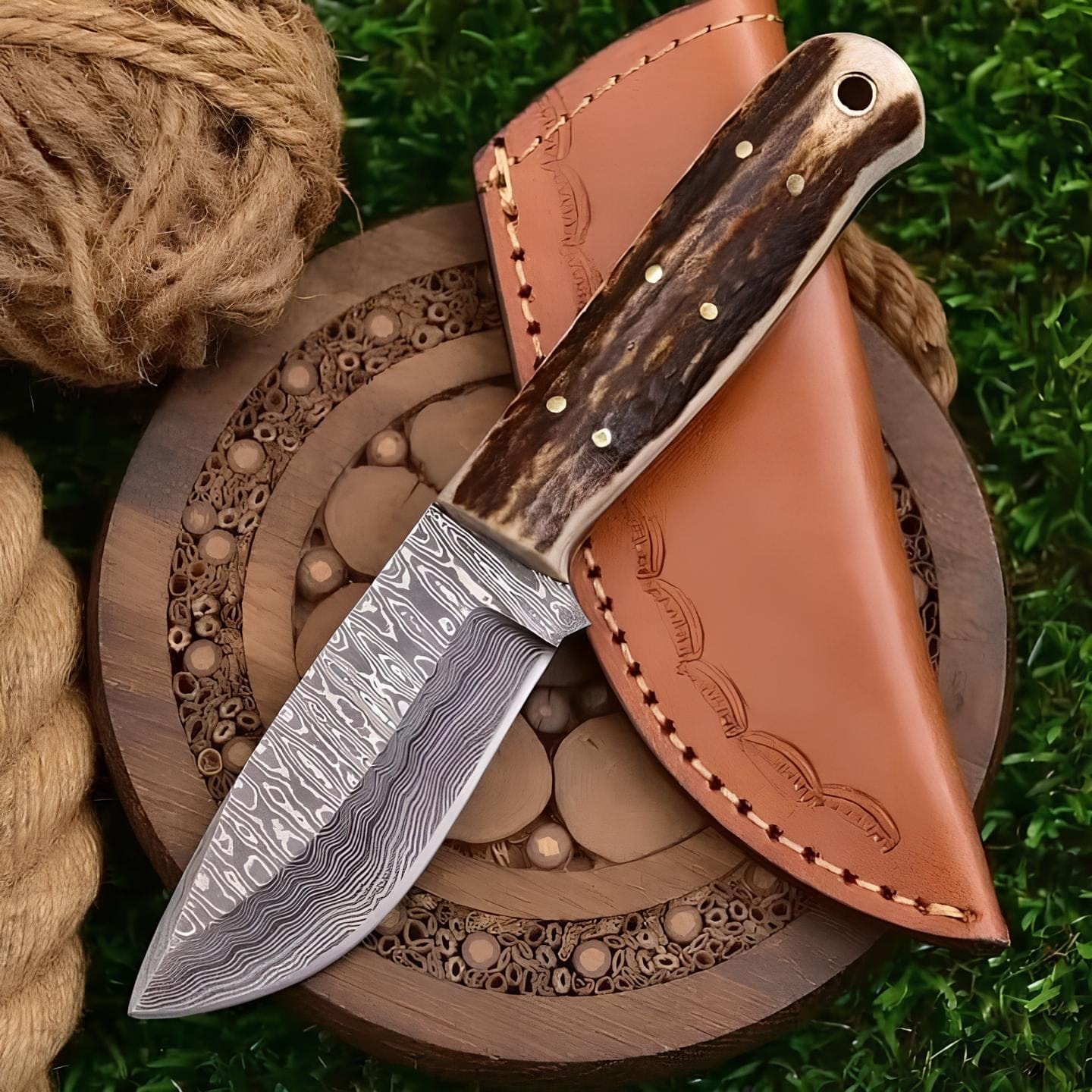 KBS Knives Store Skinner Knives Premium Damascus Steel Knife with Deer Horn Handle and Leather Sheath