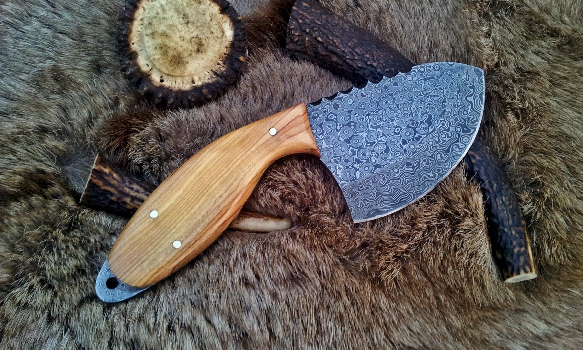 KBS Knives Store Skinner Knives Raindrops Damascus Steel Gut Hook Skinning Knife – 9 Inch Overall Length with Olive Wood Handle