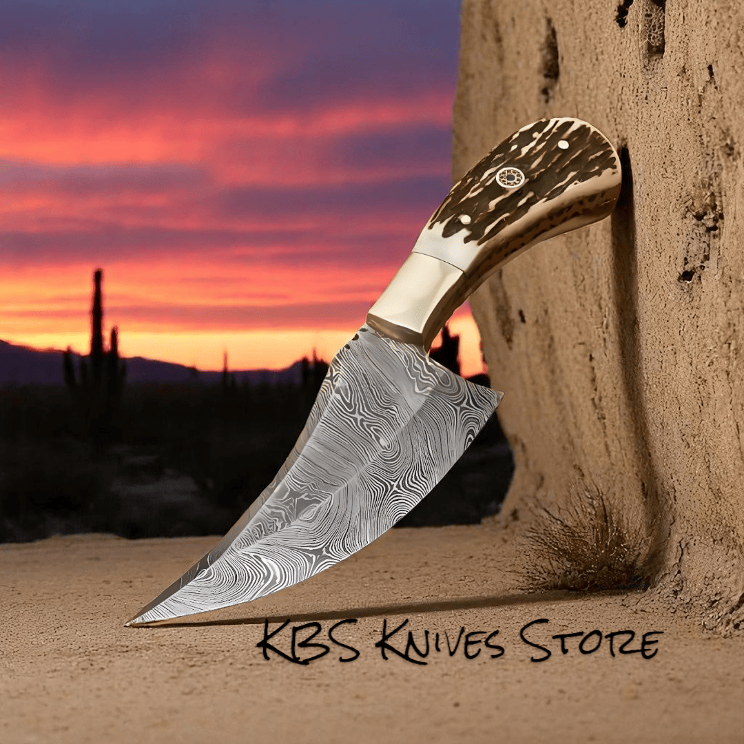 KBS Knives Store Skinner Knives Saddle Mountain Skinner – Damascus Steel Deer Skinning Knife with Antler Handle & Leather Sheath