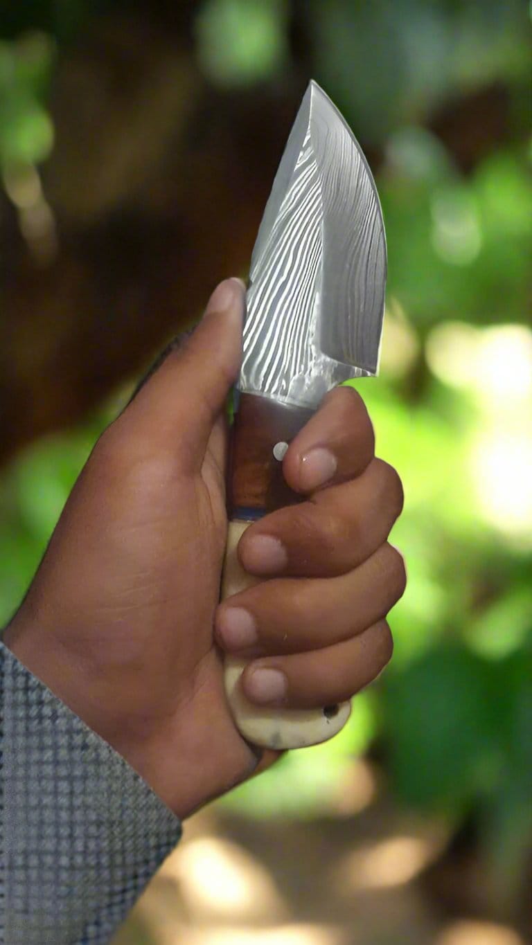 KBS Knives Store Skinning Knives Custom Damascus Steel Field Dressing Deer Skinning Knife – 7.5 Inch Drop Point Blade with Bone and Rosewood Handle