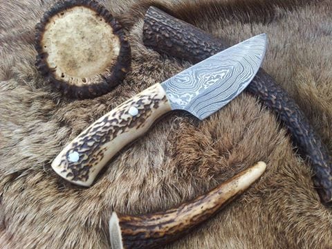 KBS Knives Store Skinning Knives Custom Damascus Steel Field Dressing Deer Skinning Knife with Antler Horn Handle – 7 Inch Drop Point Blade