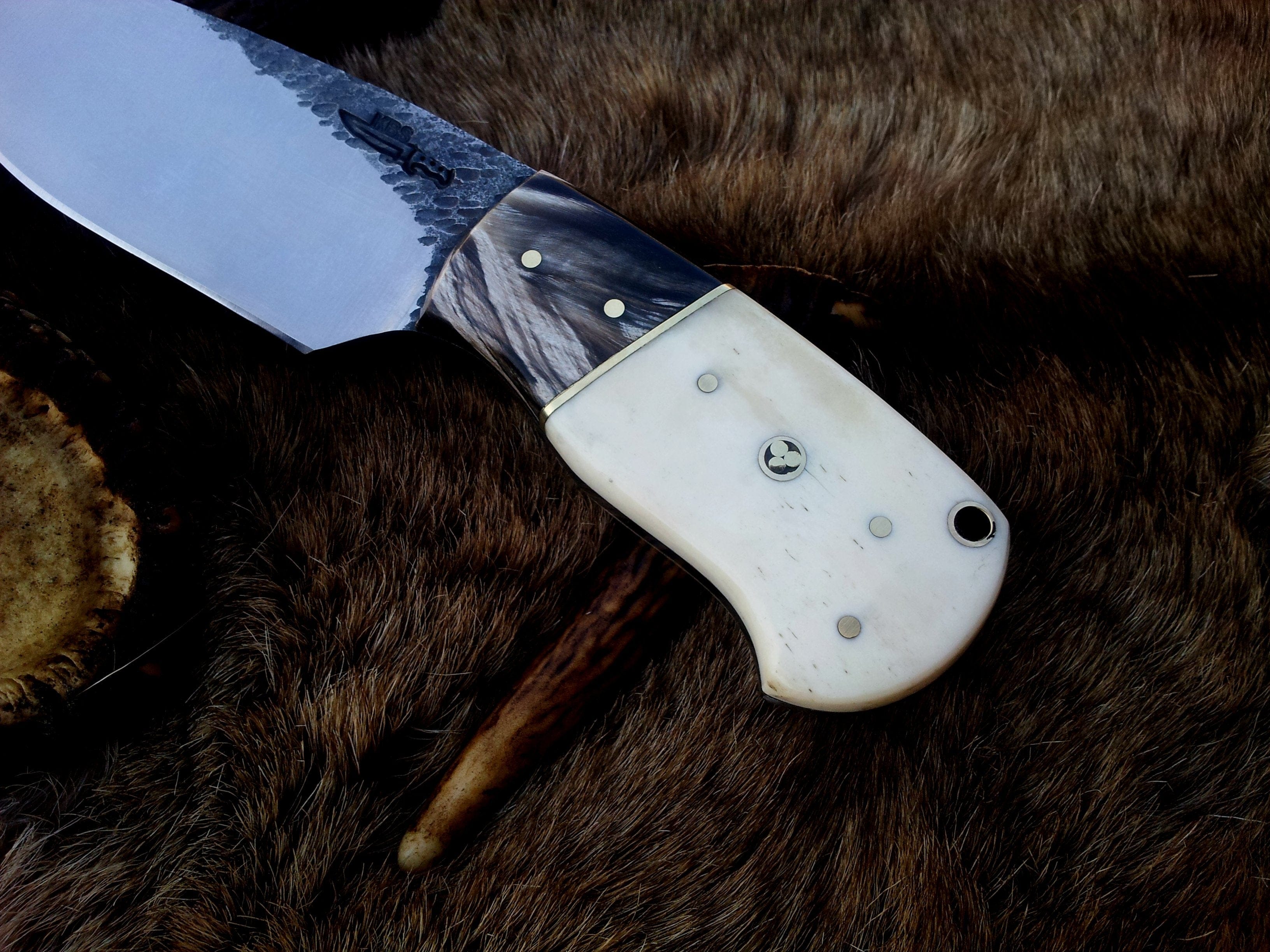 KBS Knives Store Skinning Knives Custom Handcrafted 1095 Forged Steel Skinning Knife with Buffalo Horn and Camel Bone Handle - 8 Inch Hunting Knife