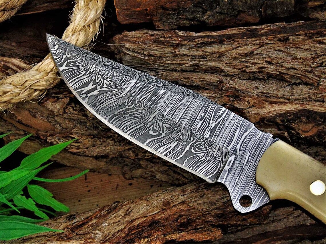 KBS Knives Store Skinning Knives Custom Handmade Damascus Great Skinning Knife with Bone Handle, 8.25-inch