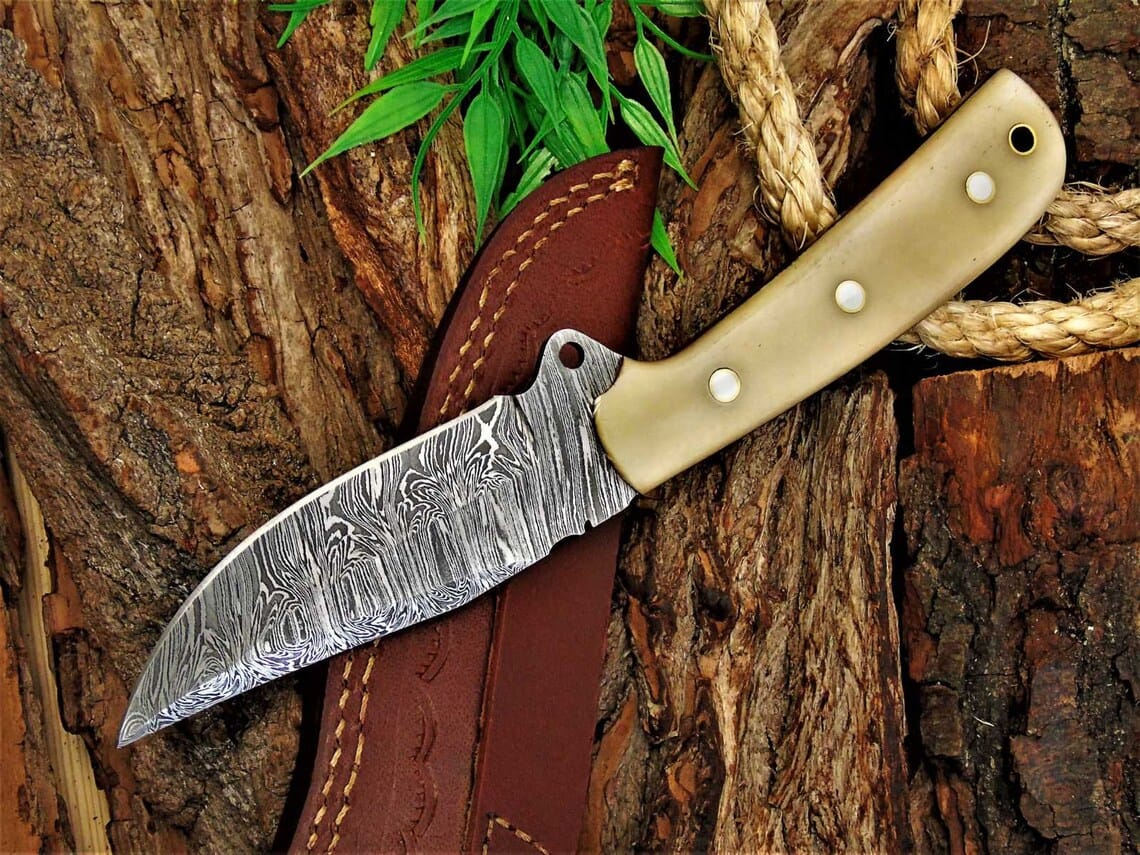 KBS Knives Store Skinning Knives Custom Handmade Damascus Great Skinning Knife with Bone Handle, 8.25-inch