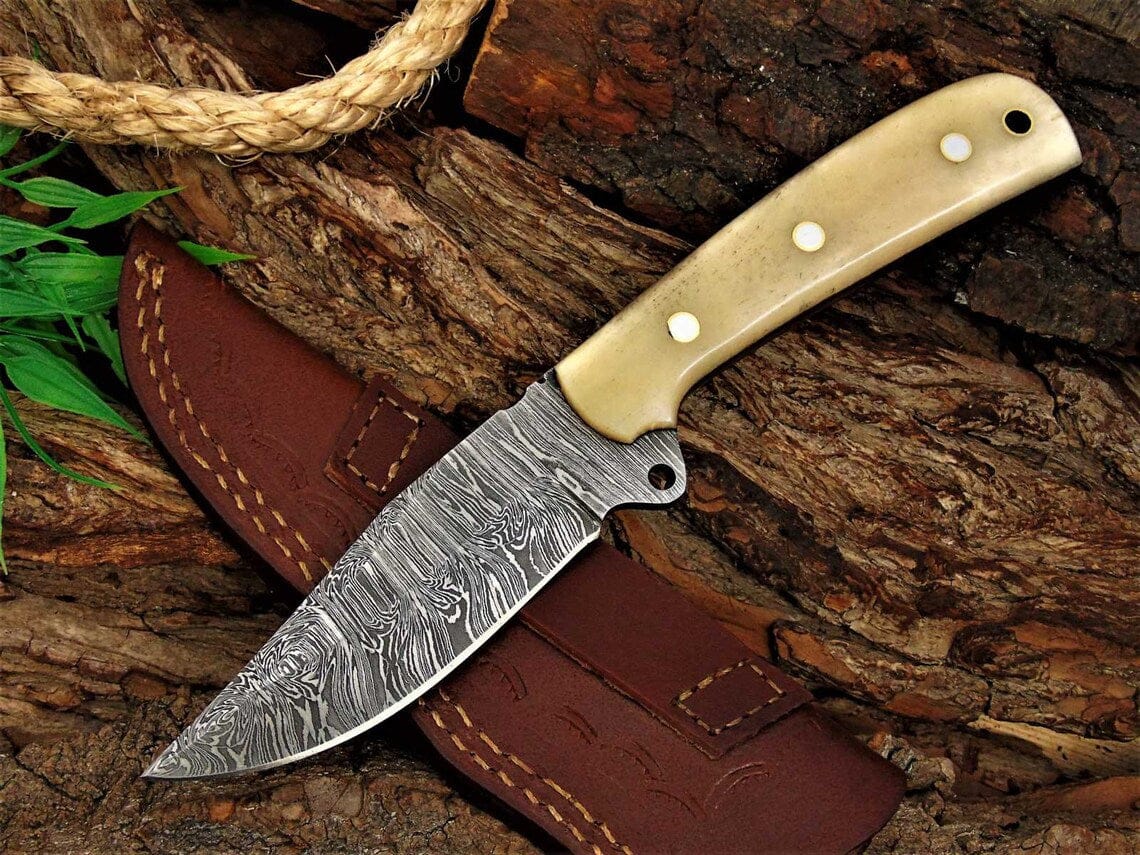 KBS Knives Store Skinning Knives Custom Handmade Damascus Great Skinning Knife with Bone Handle, 8.25-inch