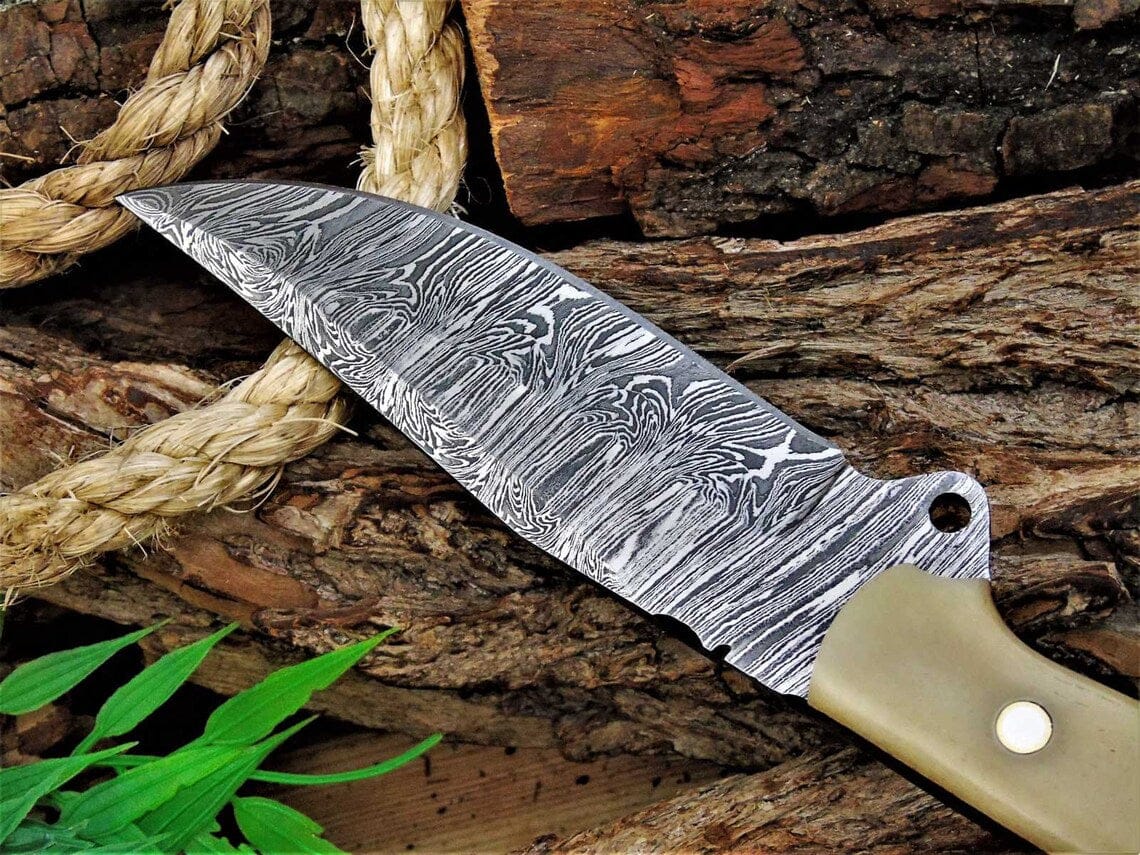 KBS Knives Store Skinning Knives Custom Handmade Damascus Great Skinning Knife with Bone Handle, 8.25-inch
