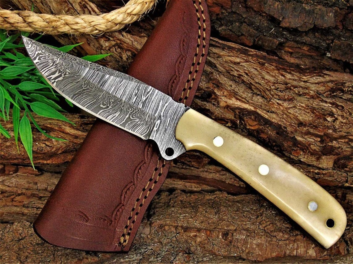 KBS Knives Store Skinning Knives Custom Handmade Damascus Great Skinning Knife with Bone Handle, 8.25-inch