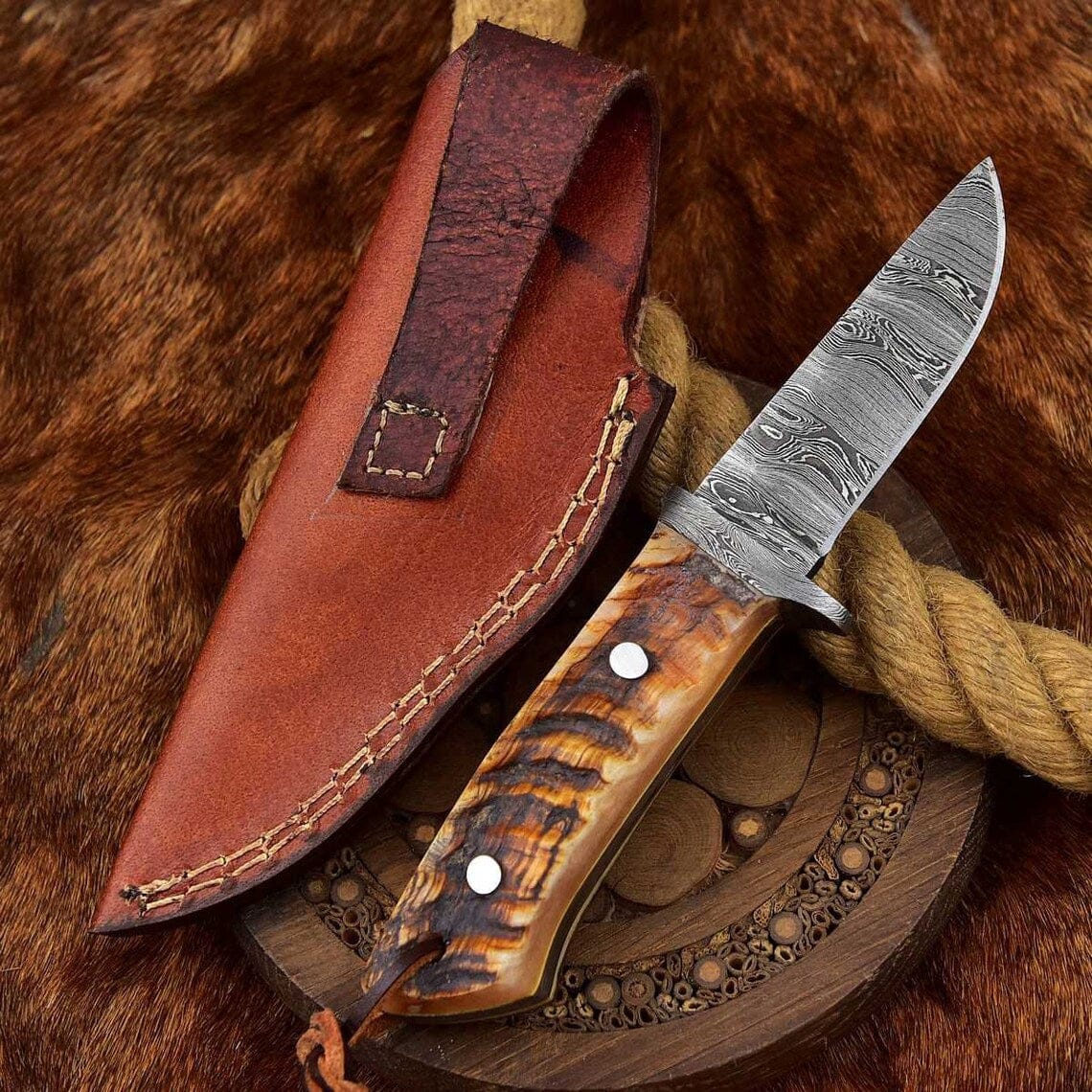KBS Knives Store Skinning Knives Custom Handmade Damascus Skinning Knife with Sheep Horn Handle, 7.75-inch