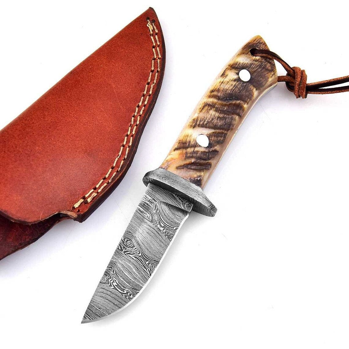 KBS Knives Store Skinning Knives Custom Handmade Damascus Skinning Knife with Sheep Horn Handle, 7.75-inch