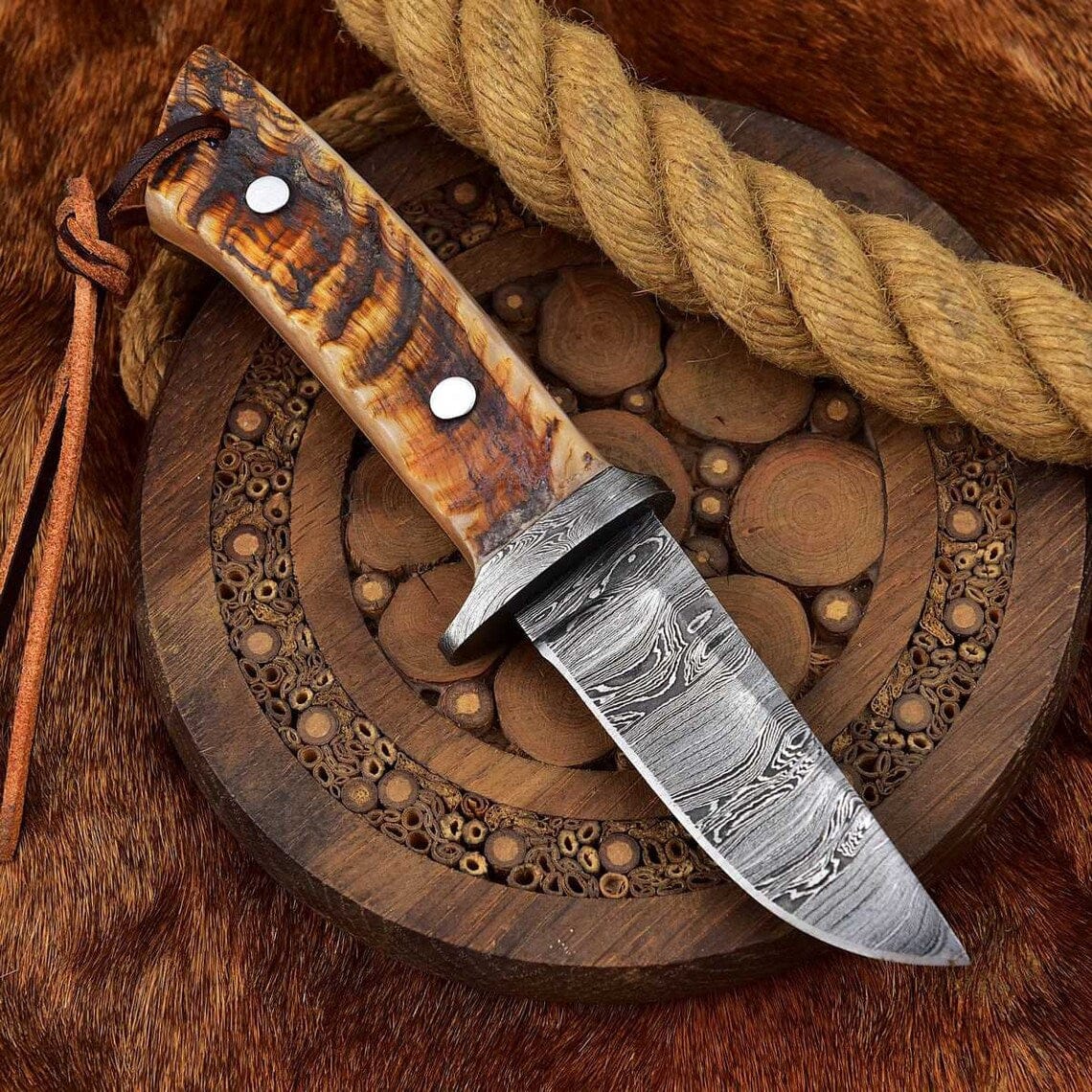 KBS Knives Store Skinning Knives Custom Handmade Damascus Skinning Knife with Sheep Horn Handle, 7.75-inch