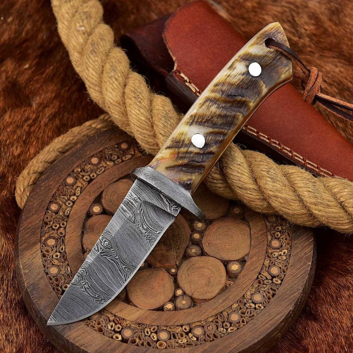 KBS Knives Store Skinning Knives Custom Handmade Damascus Skinning Knife with Sheep Horn Handle, 7.75-inch
