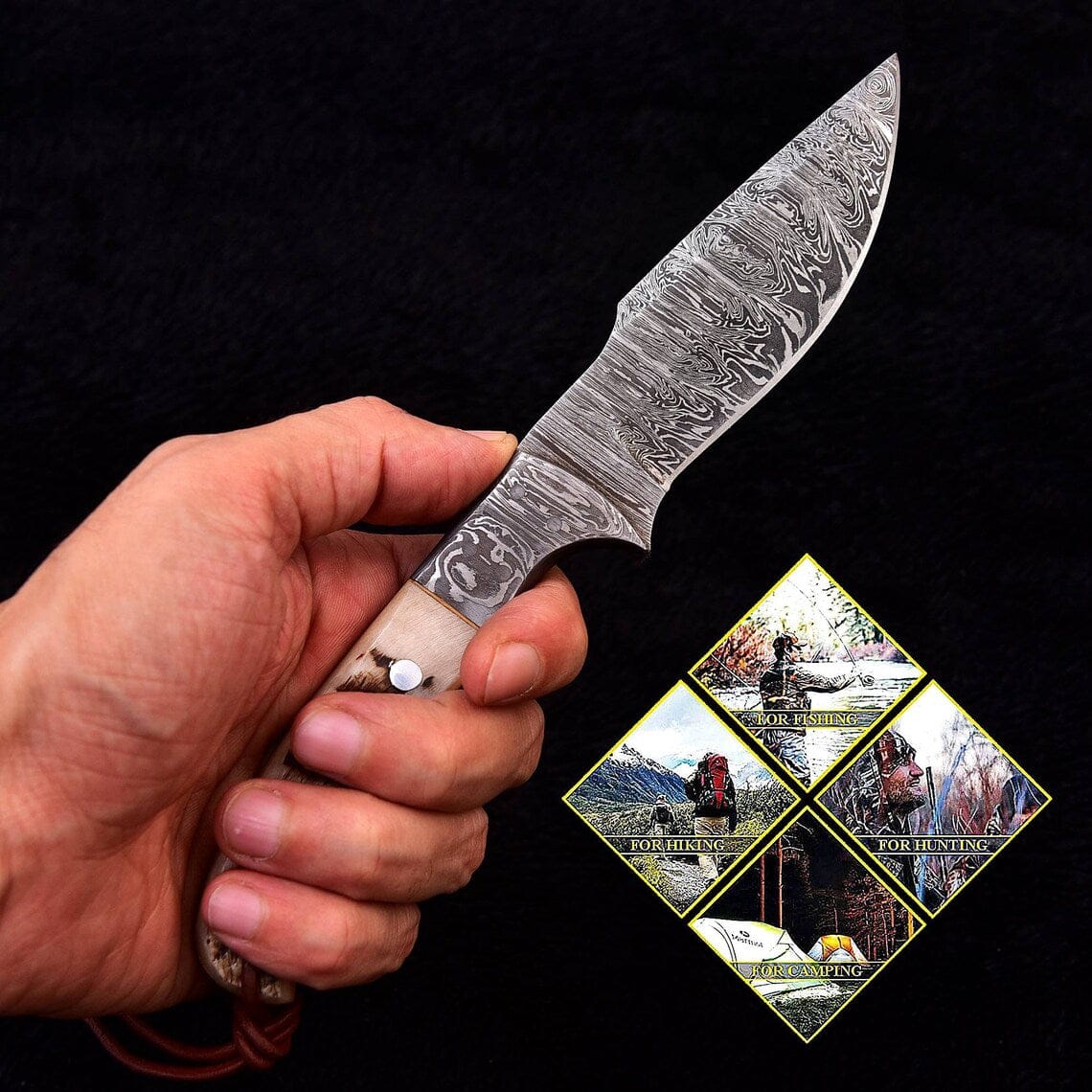 KBS Knives Store Skinning Knives Custom Handmade Damascus Skinning Knife with Sheep Horn Handle, 9-inch