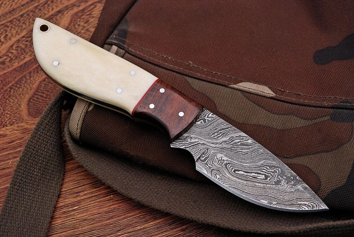 KBS Knives Store Skinning Knives Custom Handmade Damascus Steel Deer Skinning Knife with Rosewood & Bone Handle, 8-inch