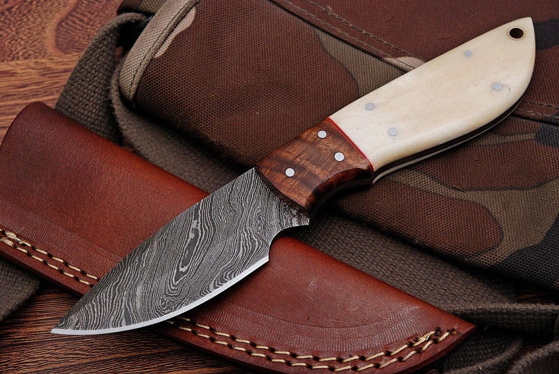KBS Knives Store Skinning Knives Custom Handmade Damascus Steel Deer Skinning Knife with Rosewood & Bone Handle, 8-inch