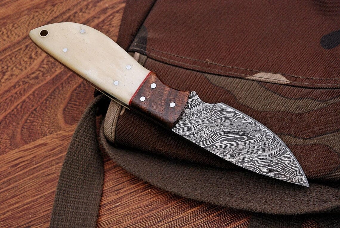 KBS Knives Store Skinning Knives Custom Handmade Damascus Steel Deer Skinning Knife with Rosewood & Bone Handle, 8-inch