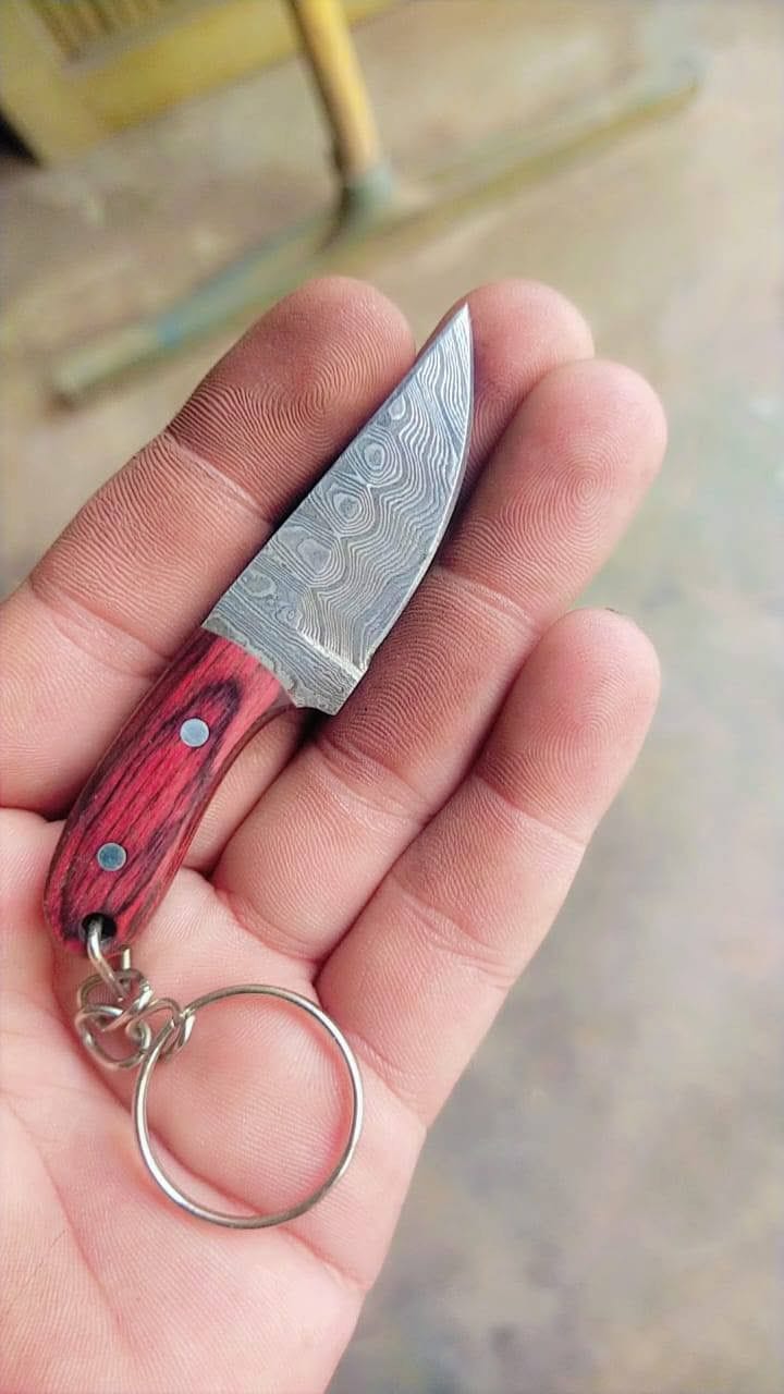 KBS Knives Store Skinning Knives Custom Handmade Damascus Steel EDC Knife Keychain with Exotic Wood Handle