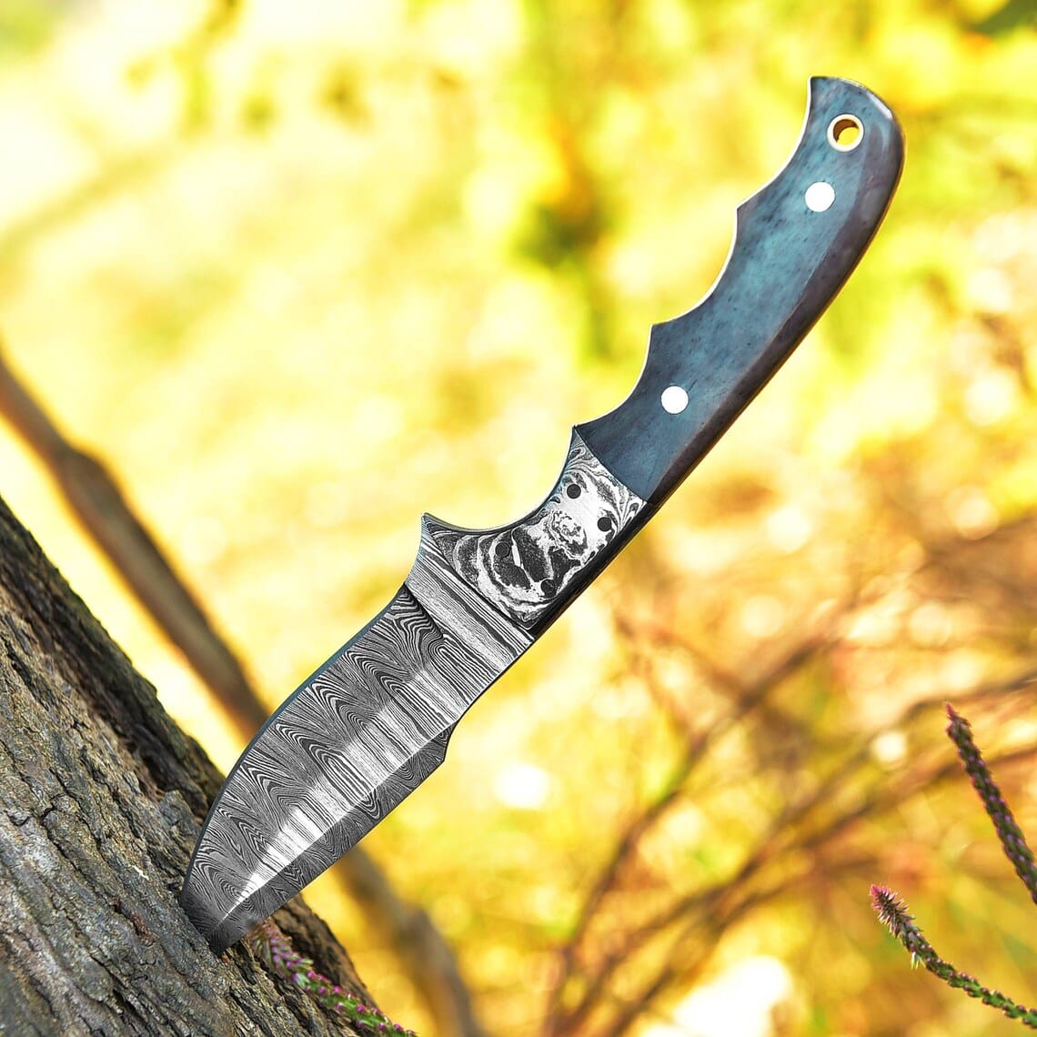 KBS Knives Store Skinning Knives Custom Handmade Damascus Steel Good Skinning Knife with Colored Bone Handle, 8.25-inch