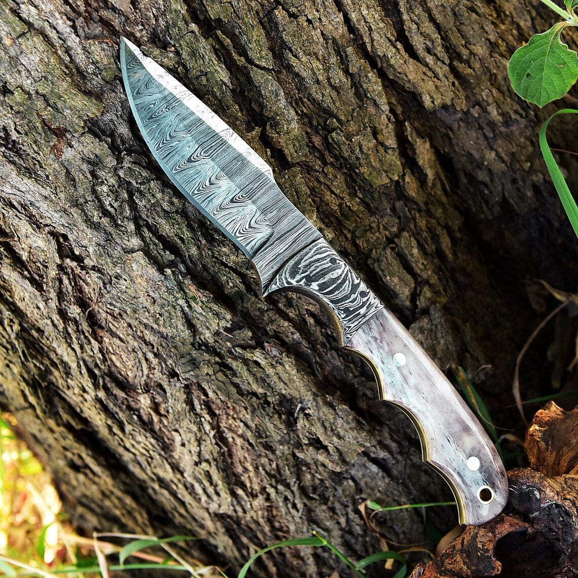 KBS Knives Store Skinning Knives Custom Handmade Damascus Steel Good Skinning Knife with Colored Bone Handle, 8.25-inch