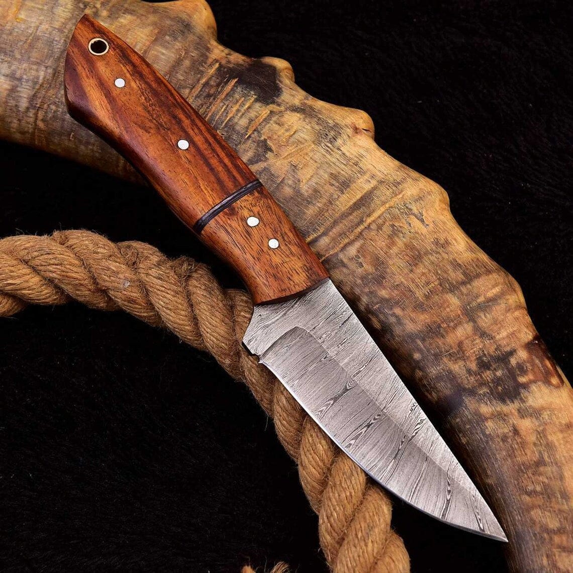 KBS Knives Store Skinning Knives Custom Handmade Damascus Steel Skinning Knife with Rosewood Handle, 7.25-inch
