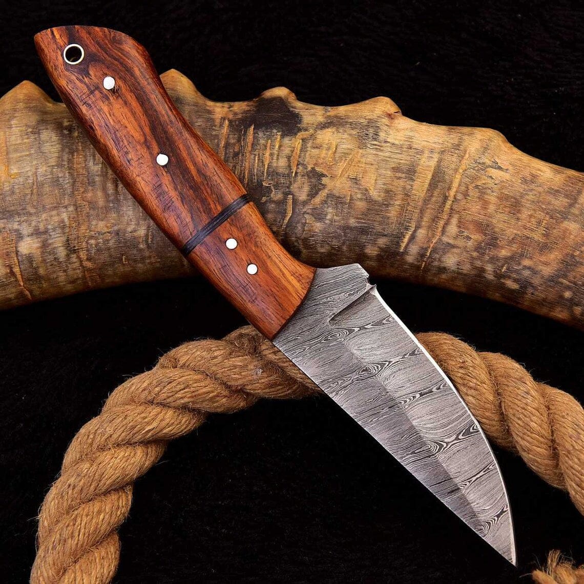 KBS Knives Store Skinning Knives Custom Handmade Damascus Steel Skinning Knife with Rosewood Handle, 7.25-inch