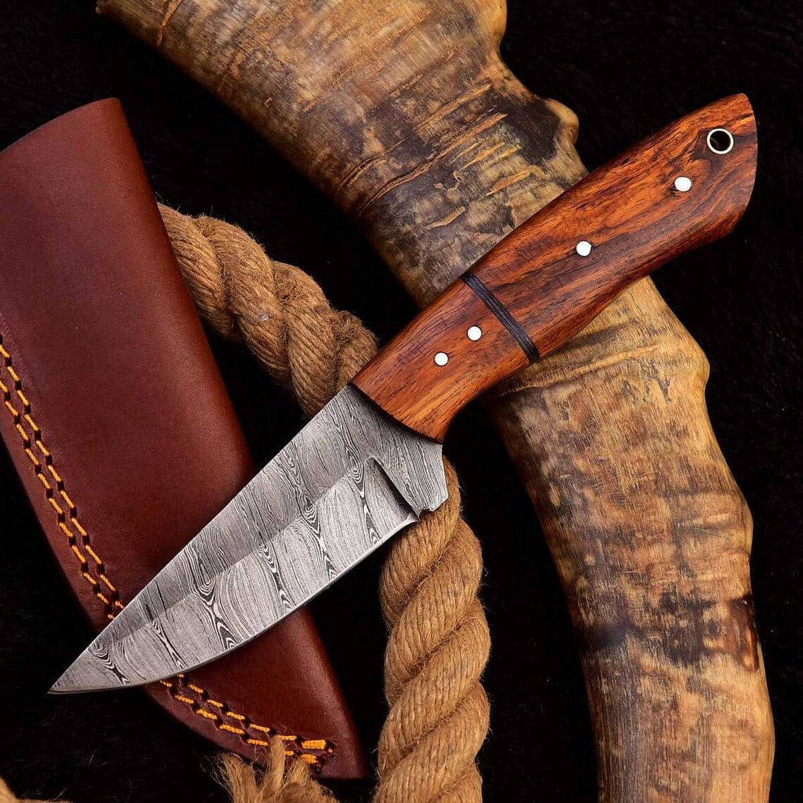 KBS Knives Store Skinning Knives Custom Handmade Damascus Steel Skinning Knife with Rosewood Handle, 7.25-inch