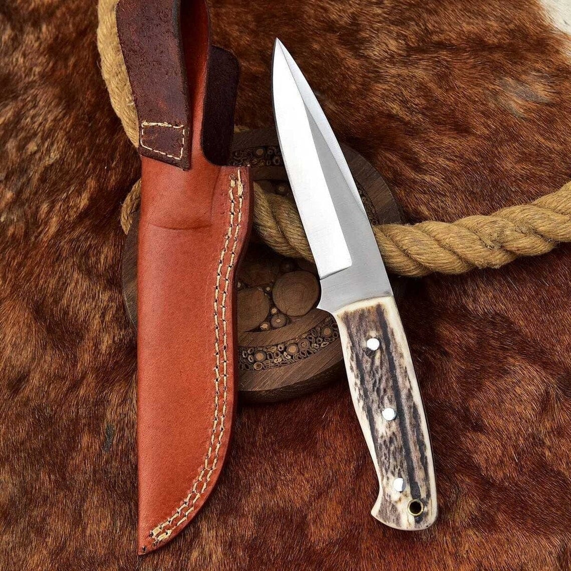 KBS Knives Store Skinning Knives Custom Handmade Fixed Blade Skinning Knife with Leather Sheath