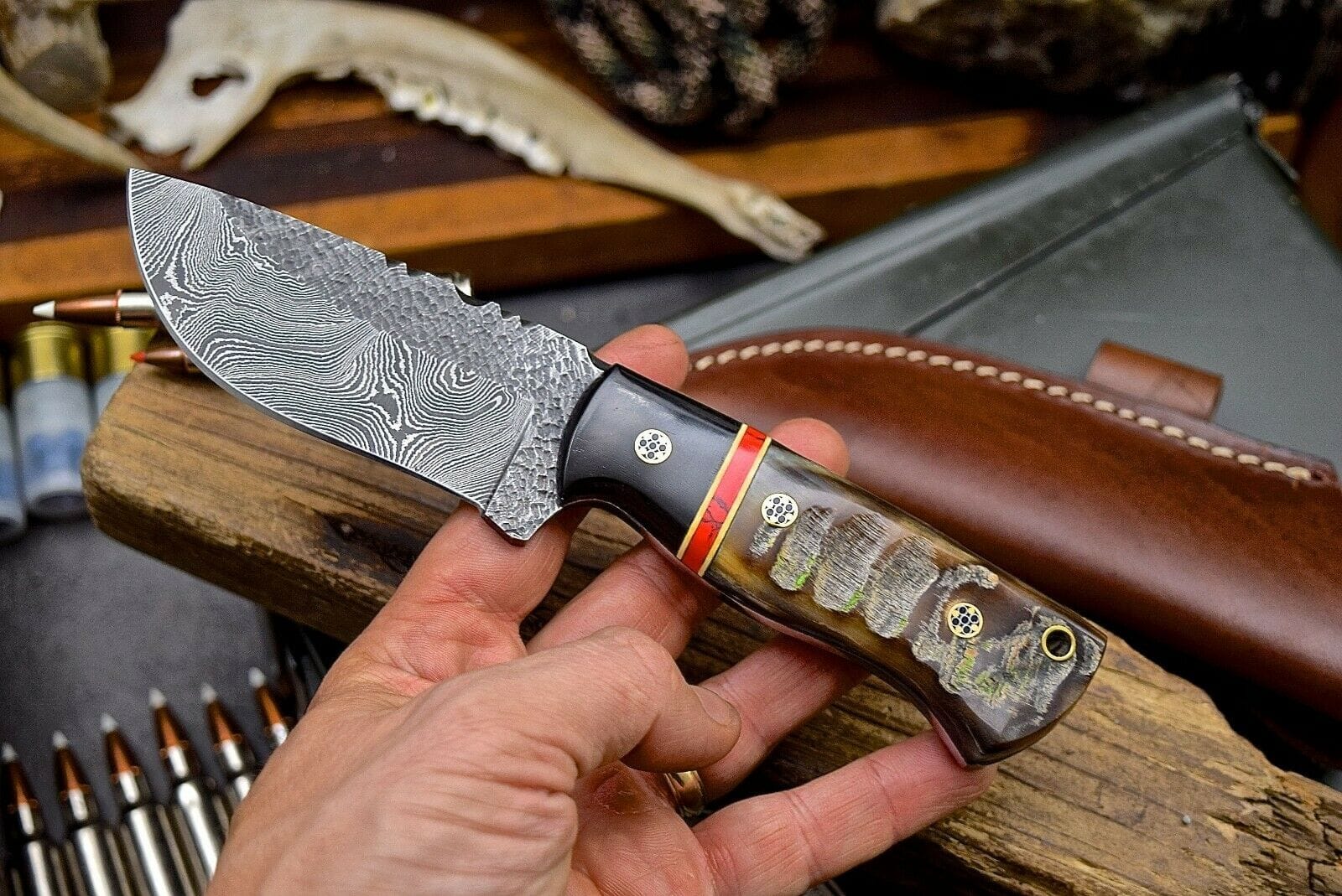 KBS Knives Store Skinning Knives Custom Handmade Hammered Forged Damascus Sheep-Buffalo Horn Hunting EDC Blade Knife