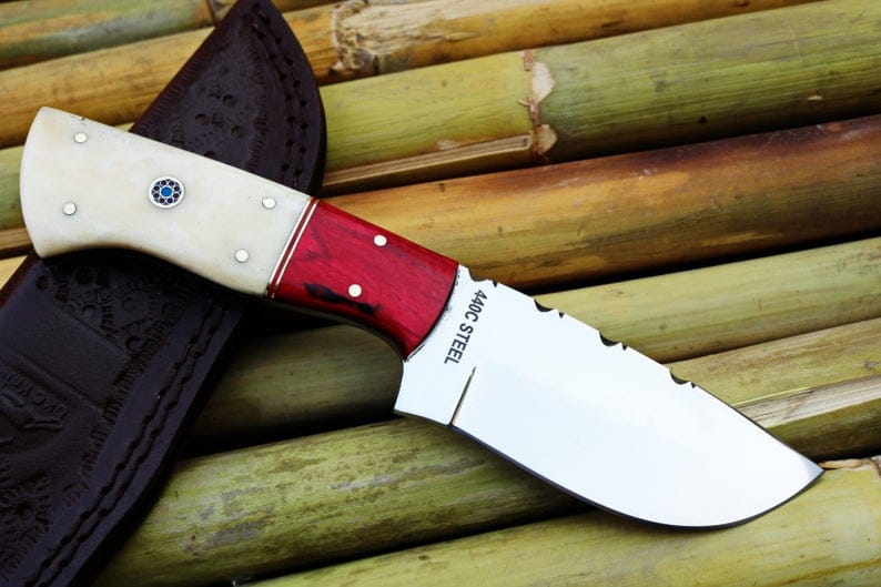 KBS Knives Store Skinning Knives Custom Handmade Mirror Polished 440C Steel Skinning Knife - 8 Inch Bone Handle with Exotic Wood Bolster, Leather Sheath - Premium Quality by KBS Knives