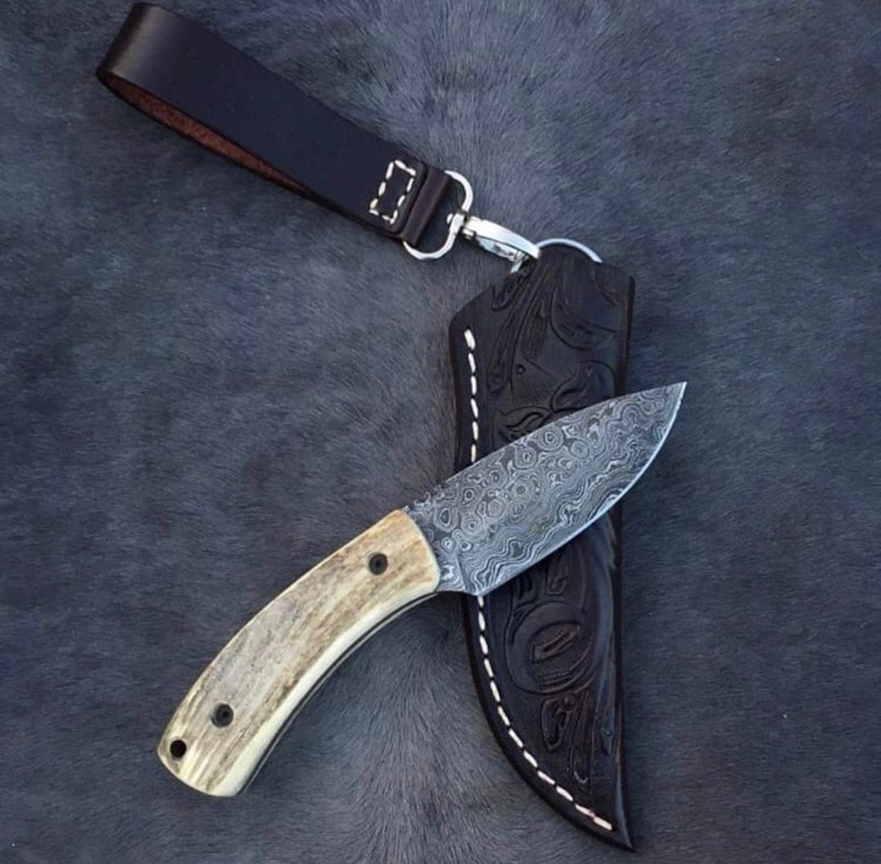KBS Knives Store Skinning Knives Custom Handmade Raindrop Damascus Steel Skinning Knife