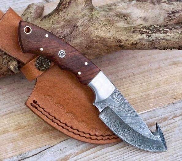 KBS Knives Store Skinning Knives Custom-Made Damascus Gut Hook Deer Skinning Knife