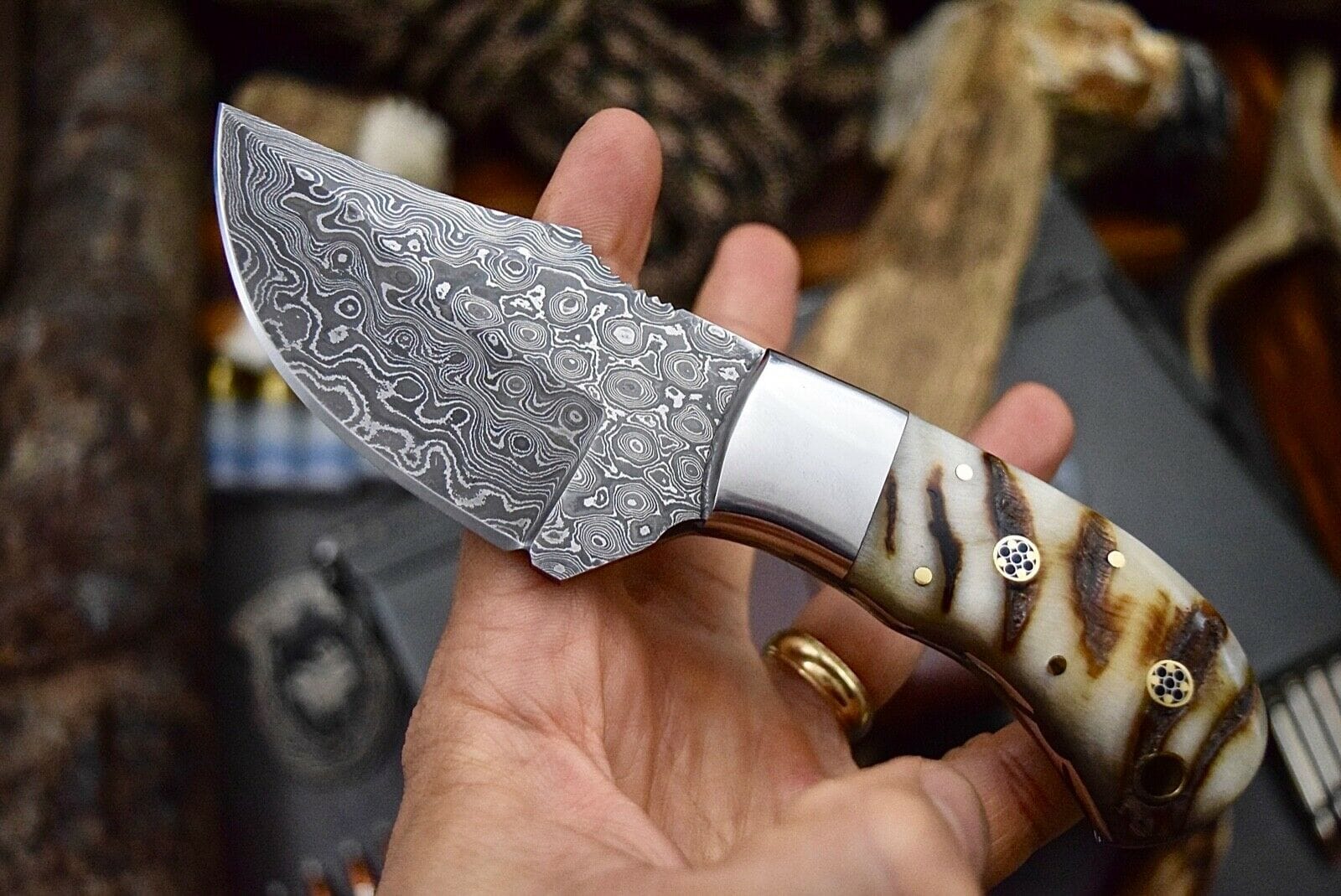 KBS Knives Store Skinning Knives Custom Skinning Hunter’s Knife | Raindrops Damascus Steel Blade with Sheep Horn Handle | 7.2 Inches | Leather Sheath | KBS Knives
