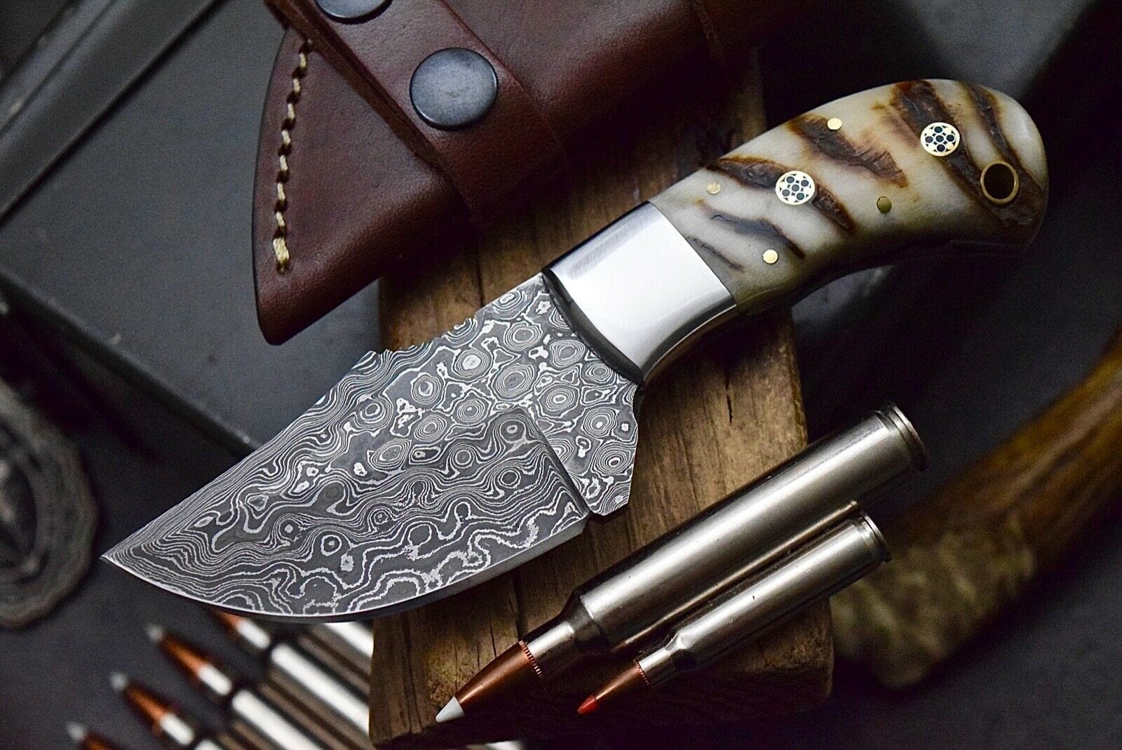 KBS Knives Store Skinning Knives Custom Skinning Hunter’s Knife | Raindrops Damascus Steel Blade with Sheep Horn Handle | 7.2 Inches | Leather Sheath | KBS Knives