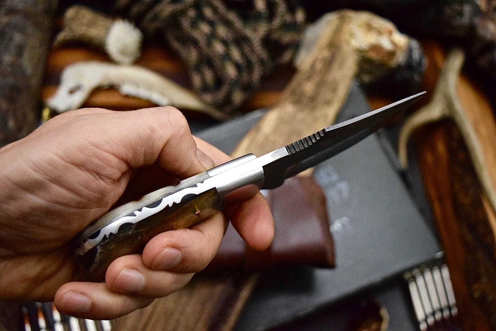 KBS Knives Store Skinning Knives Custom Skinning Hunter’s Knife | Raindrops Damascus Steel Blade with Sheep Horn Handle | 7.2 Inches | Leather Sheath | KBS Knives