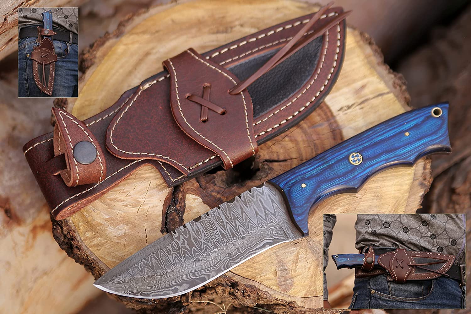 KBS Knives Store Skinning Knives Damascus Hunting Knife With Pakka Wood Handle