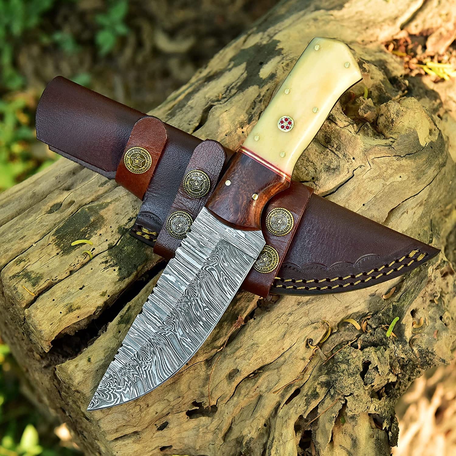 KBS Knives Store Skinning Knives Damascus Skinning Knife With Bone-Rose Wood Handle