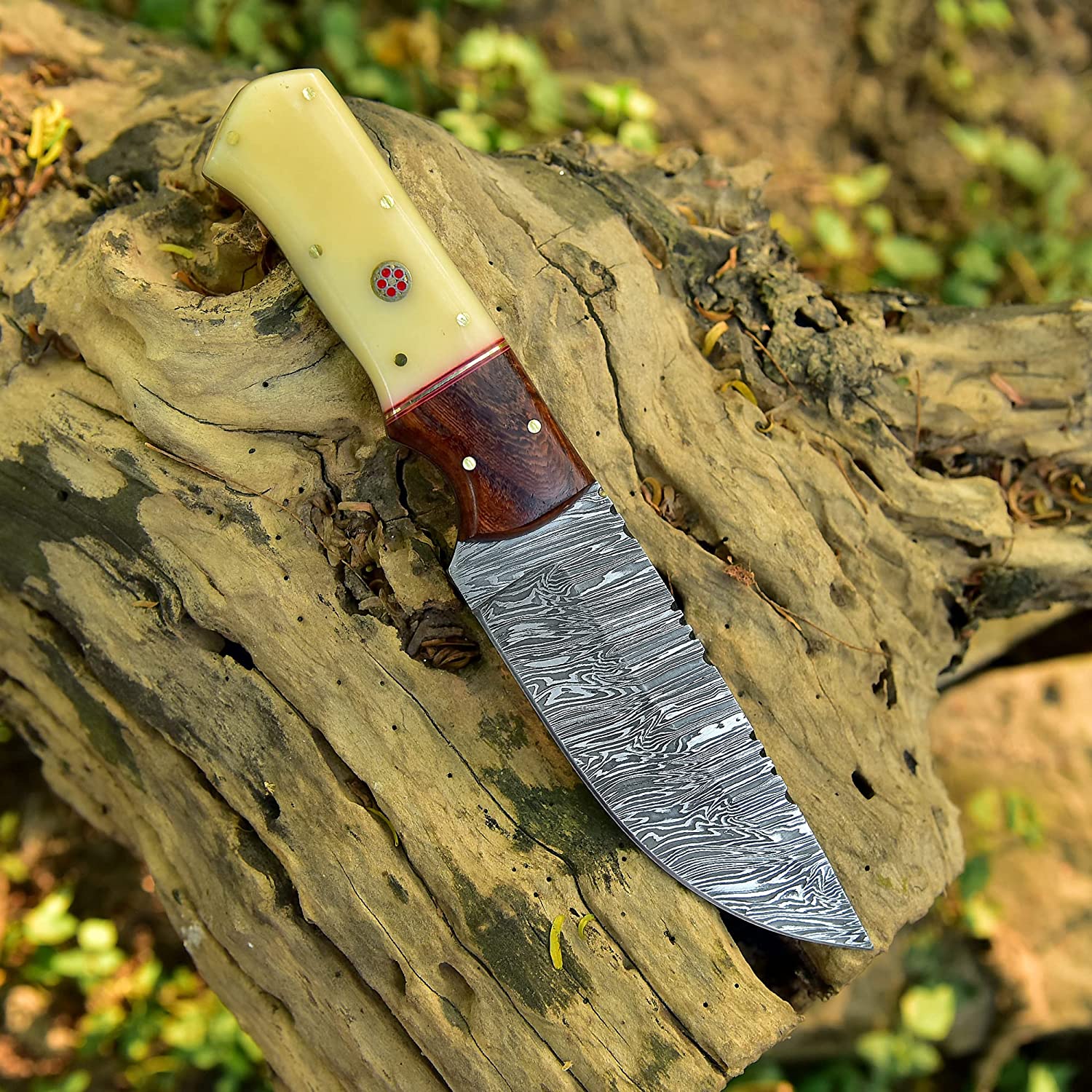 KBS Knives Store Skinning Knives Damascus Skinning Knife With Bone-Rose Wood Handle