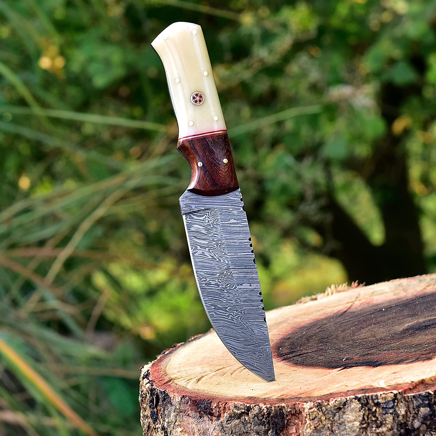 KBS Knives Store Skinning Knives Damascus Skinning Knife With Bone-Rose Wood Handle