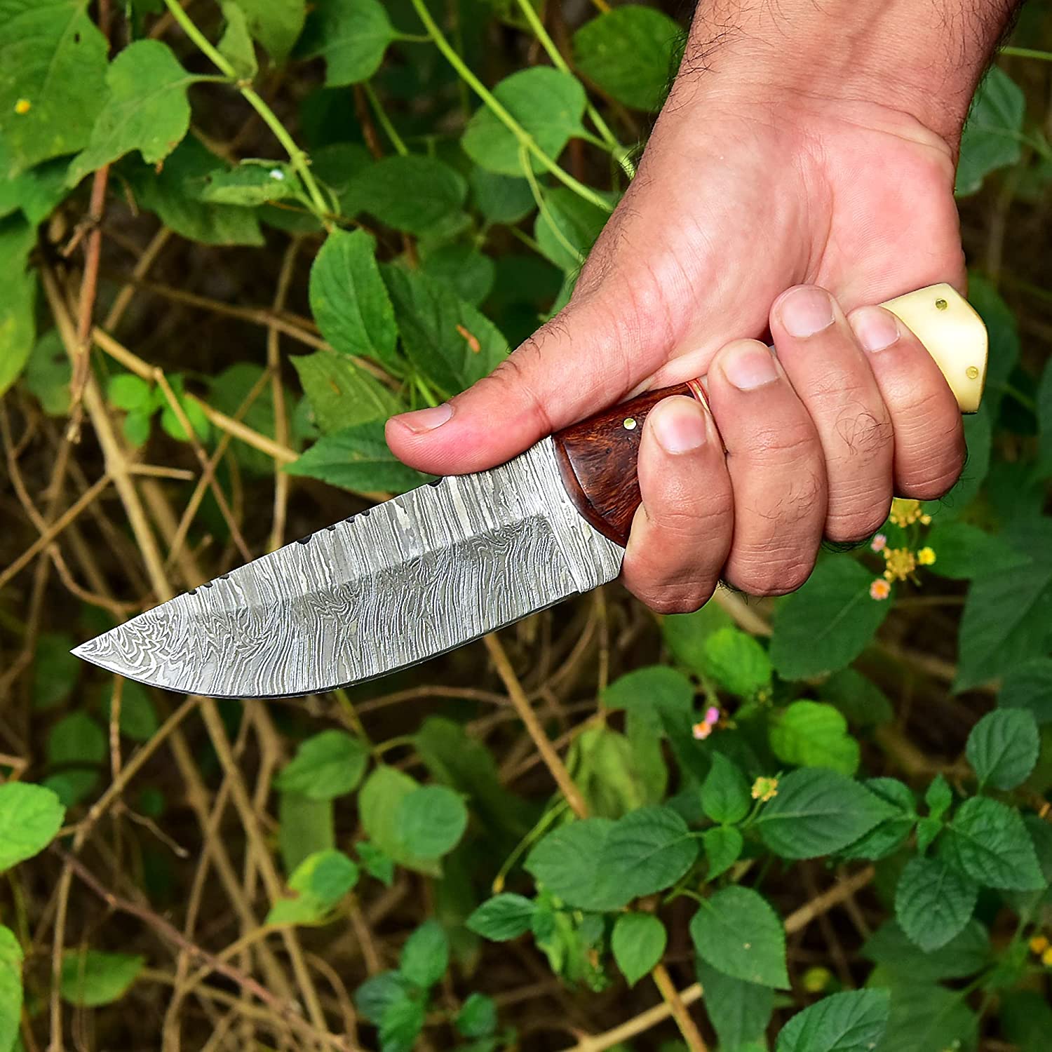 KBS Knives Store Skinning Knives Damascus Skinning Knife With Bone-Rose Wood Handle