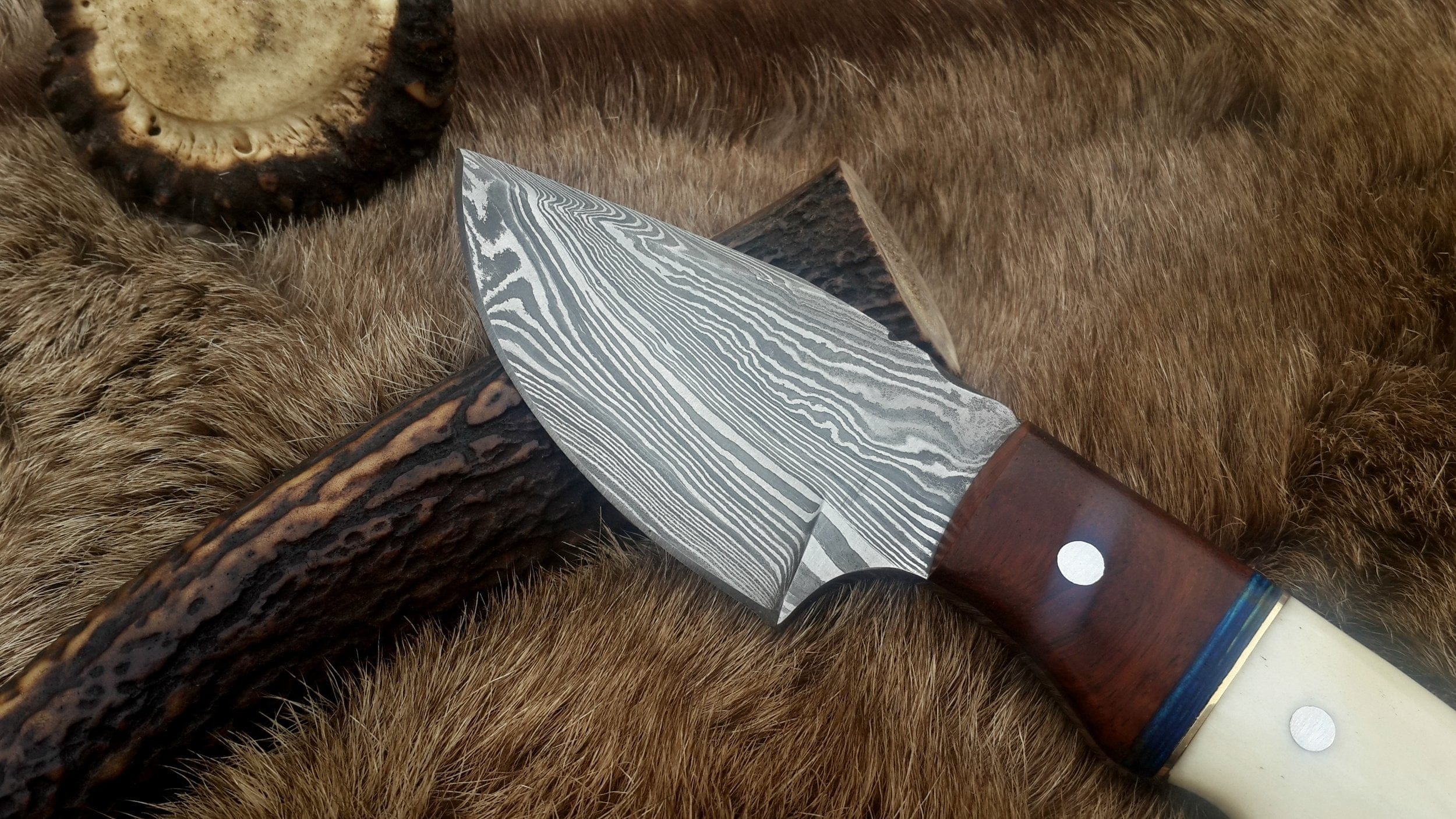 KBS Knives Store Skinning Knives Damascus Steel Drop Point Skinning Knife with Bone and Rosewood Handle – 7 Inch Overall Length