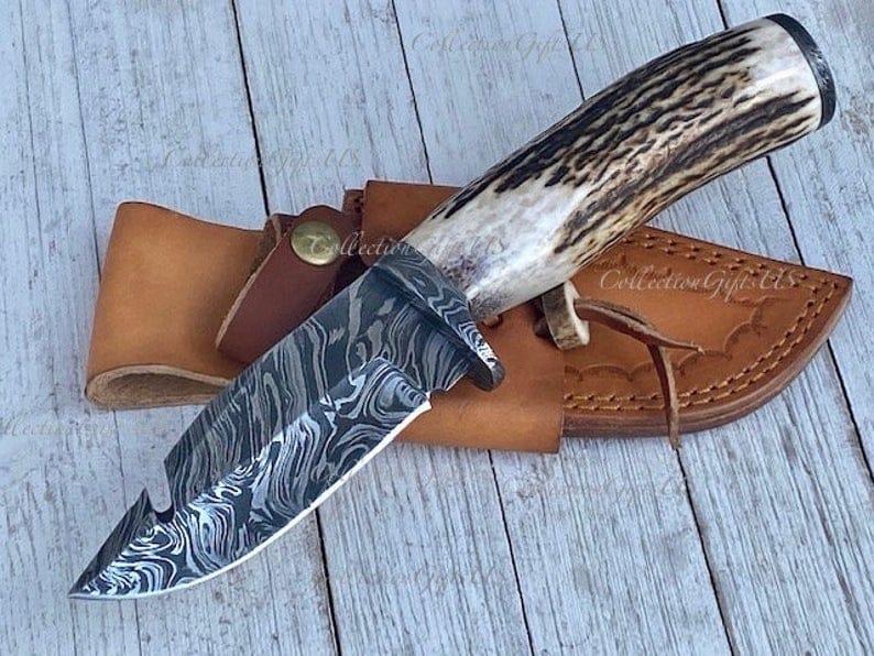KBS Knives Store Skinning Knives Deer Skinning Guthook Knife Custom Handmade Full Tang Damascus Steel with Stag Horn Handle, 8.5-inch - The Staghorn Hunter
