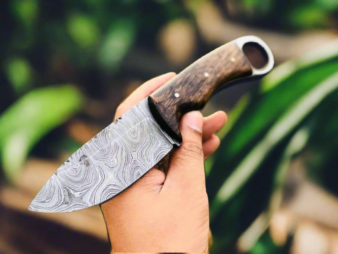 KBS Knives Store Skinning Knives Deer Skinning Knife Custom Handmade Full Tang Damascus Steel with Walnut Wood Finger Hole Handle, 8.5-inch - The Walnutblade