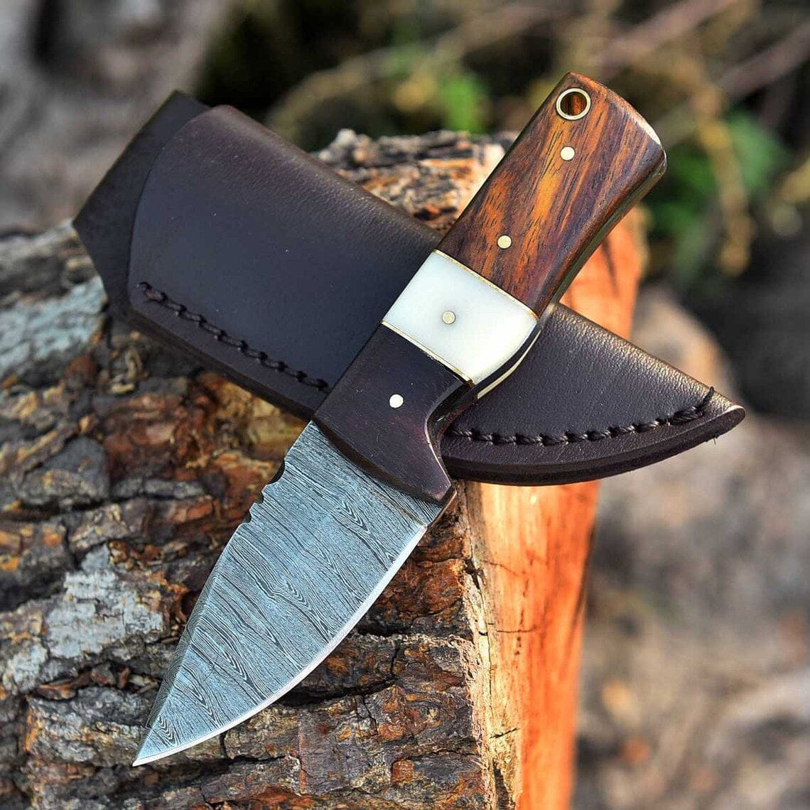 KBS Knives Store Skinning Knives EDC Custom Handmade Damascus Steel Skinning Blade with Rosewood & Bone Handle, 6.25-inch