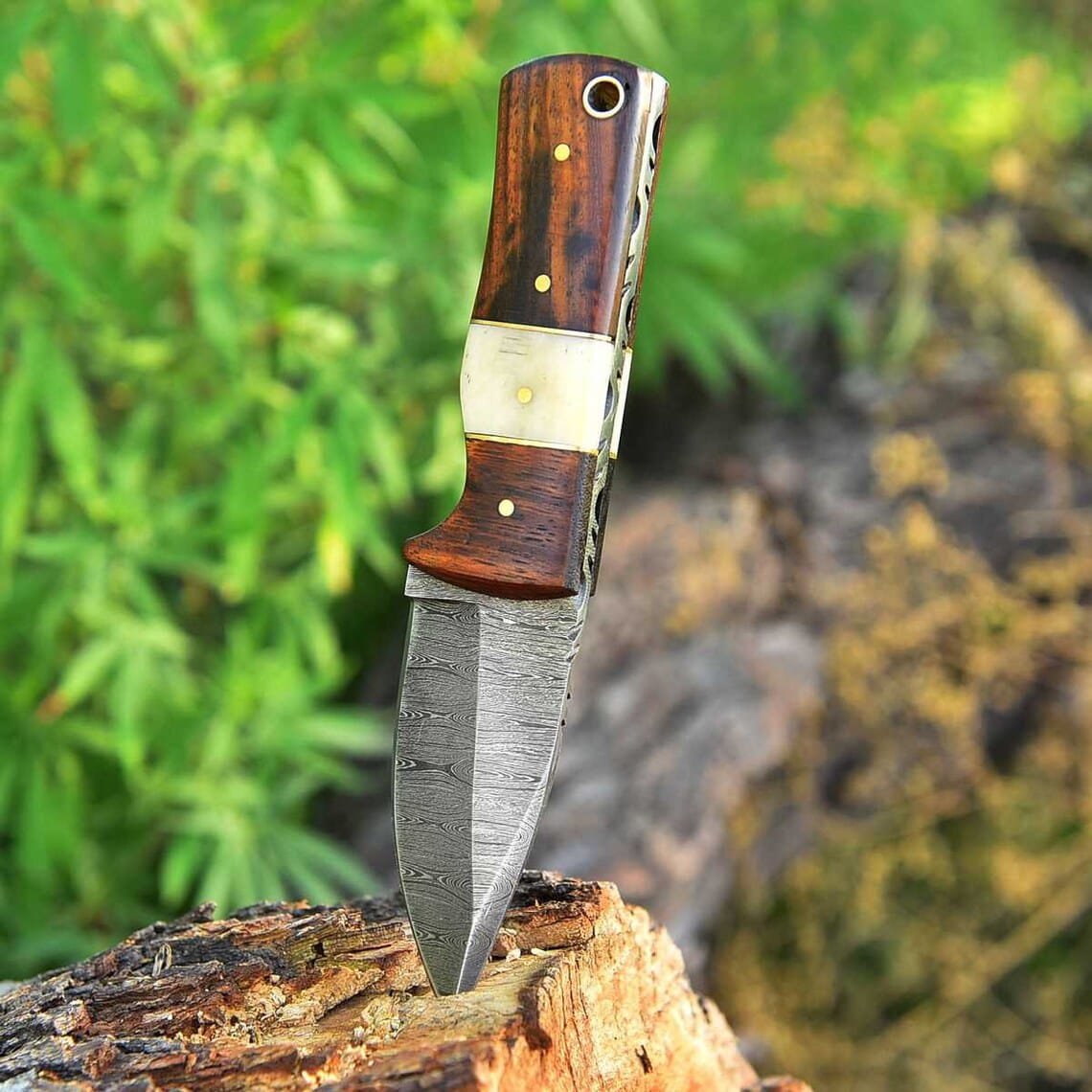 KBS Knives Store Skinning Knives EDC Custom Handmade Damascus Steel Skinning Blade with Rosewood & Bone Handle, 6.25-inch