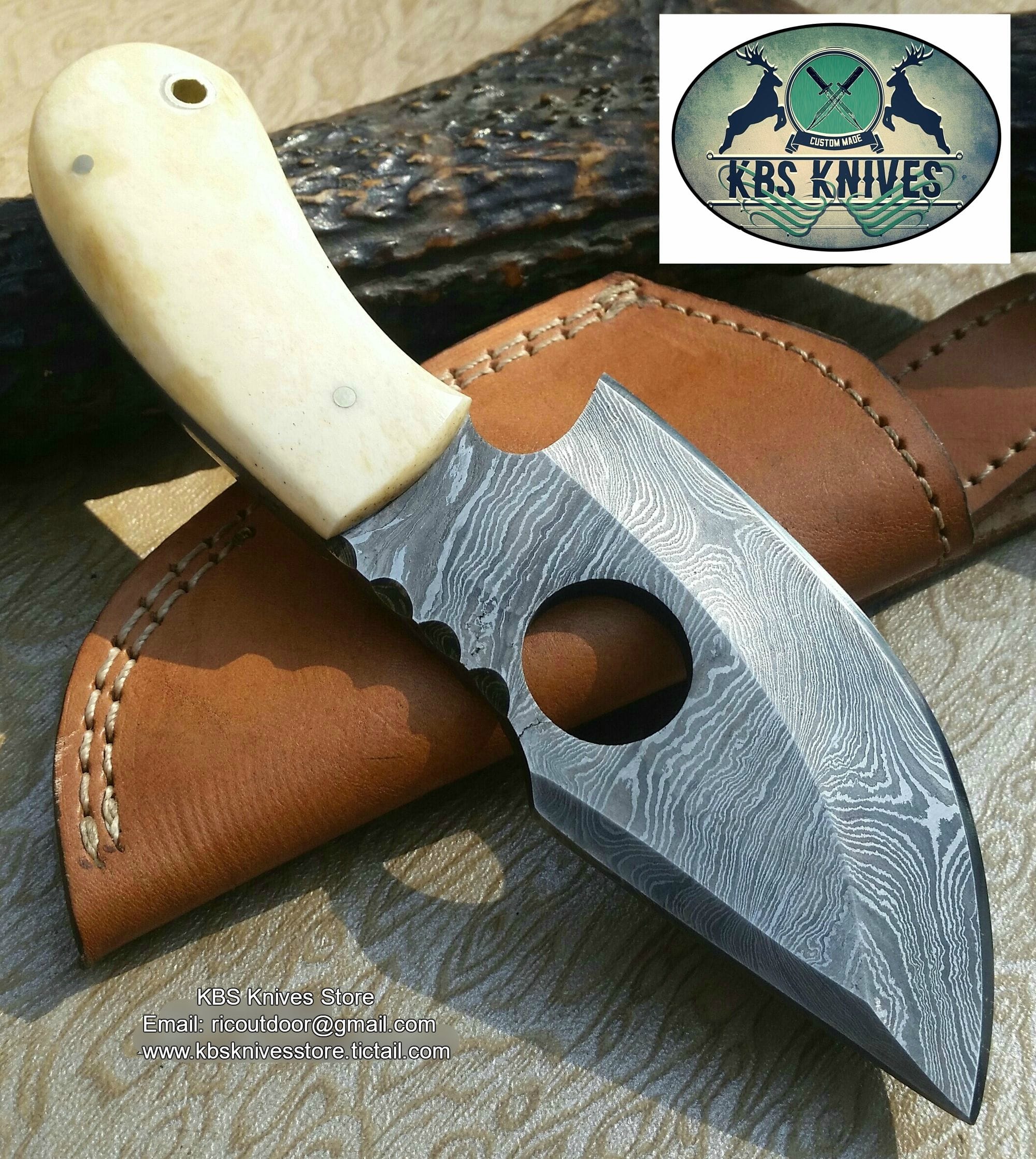 KBS Knives Store Skinning Knives Finger Hole Damascus Skinning Knife